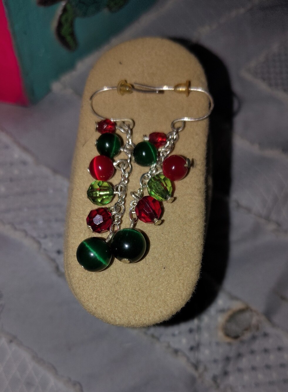 Festive Red & Green Beaded Dangle Earrings